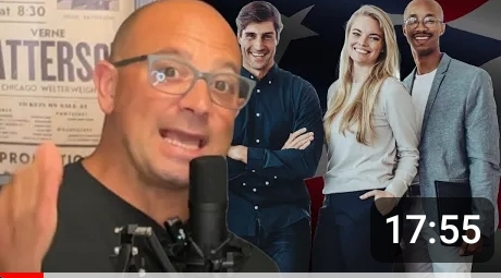 A man speaks into a microphone in the foreground, while three people—two men and one woman—stand smiling in the background. A timer reading 17:55 is displayed at the bottom right.